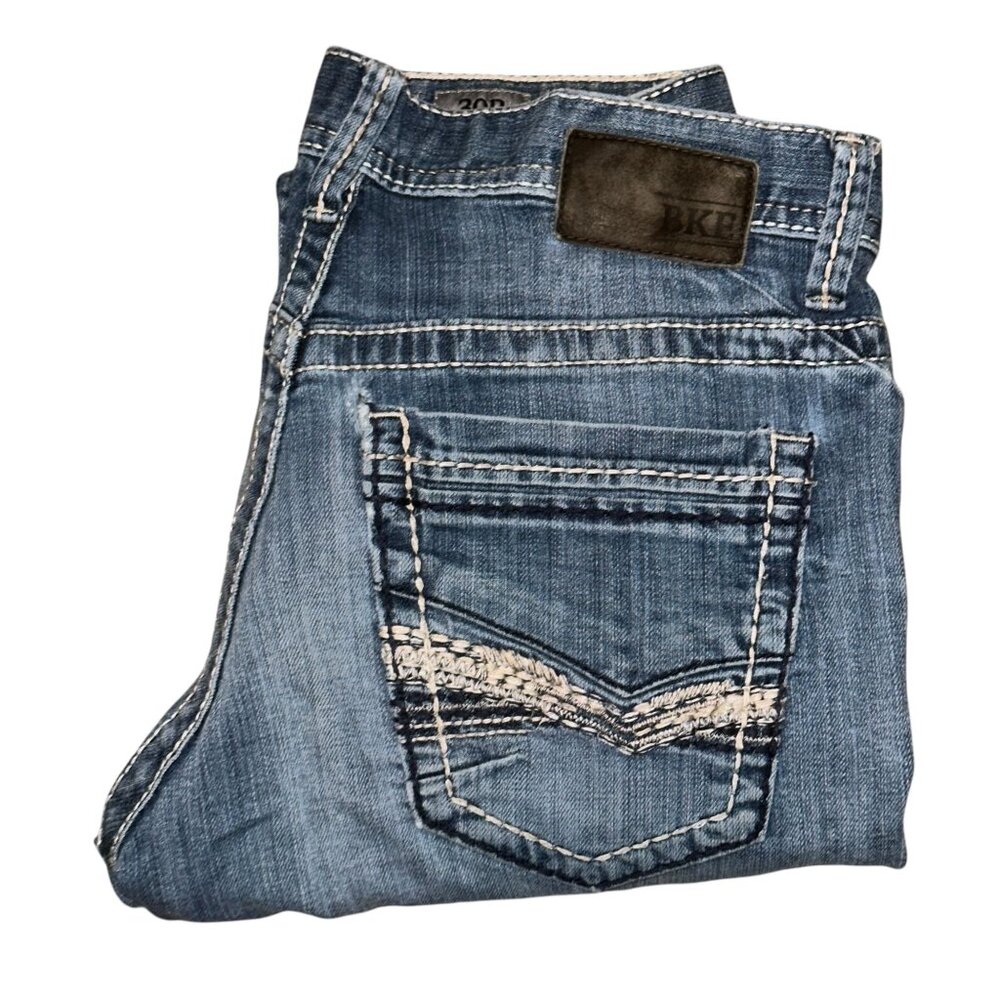 BKE Carter Straight Leg Jeans Mens 30 27 Light Wash Well Worn Grunge Embroidered